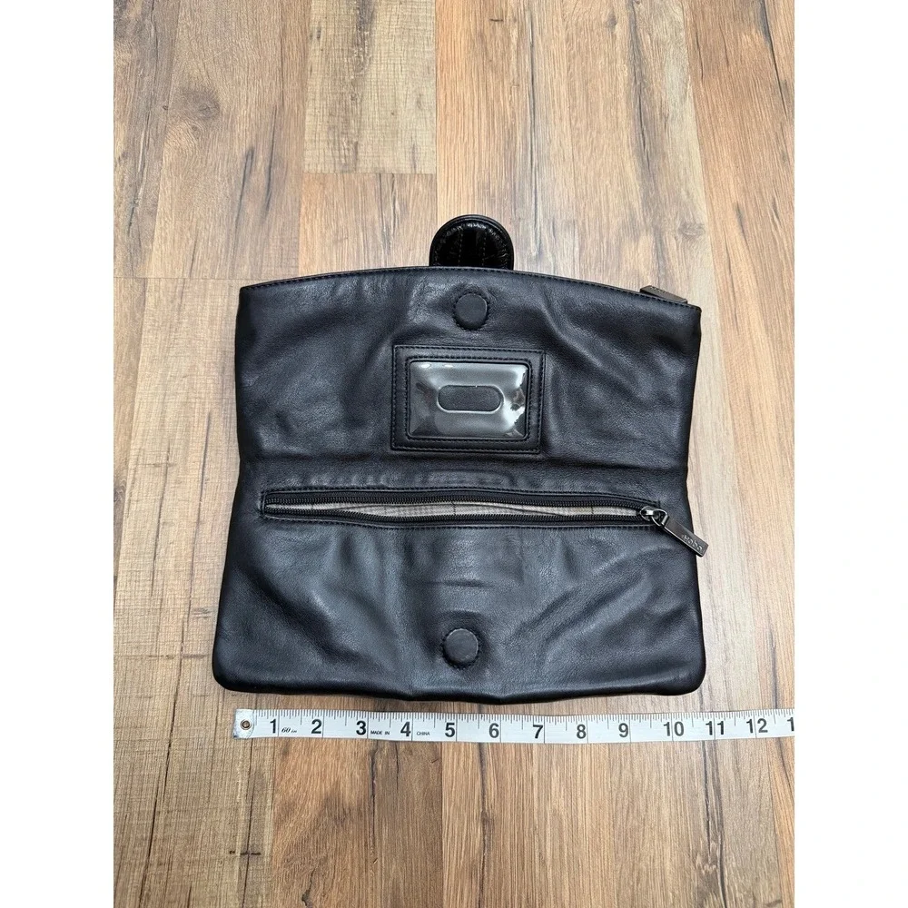 Hobo International Black Leather Foldover Clutch Bag Patent Ring Hardware